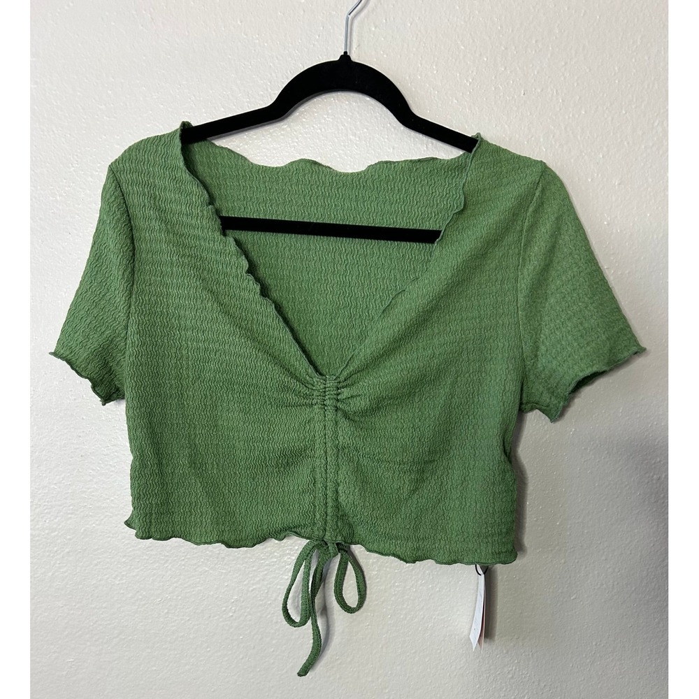 Cider Green Textured Ruched Drawstring Crop Top Lettuce Trim CD2022011156817MD M - Picture 4 of 6